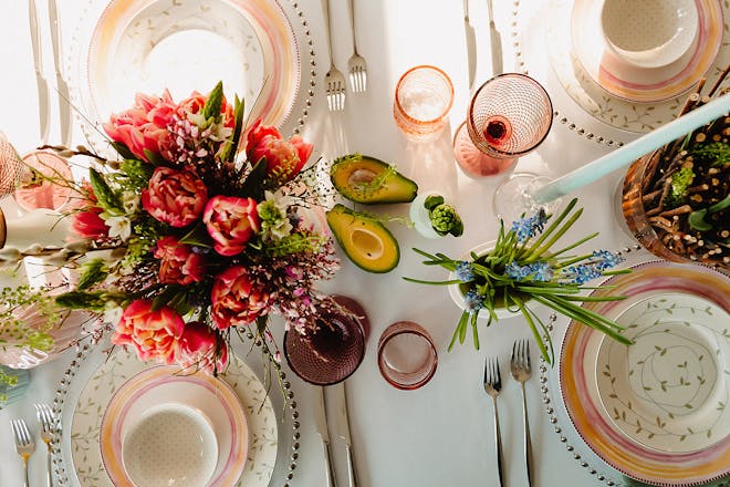 Dinner party table settings seen from above