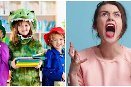 Three young children wearing fancy dress and holding books in a library | Young woman wearing pink jumper screaming at sky inn frustration