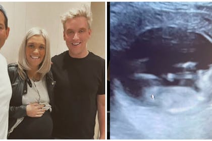 Ollie and Gareth Locke stand with pregnant woman | baby scan