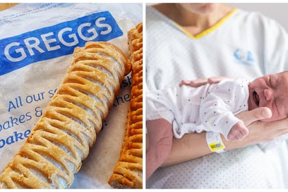 Left: two sausage rolls on a Greggs paper bagRight: a newborn baby and woman in hospital gown 