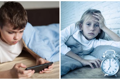 Left: a young boy is on his phone under the bed covers. Right: A tired young girl struggles with 7am alarm.