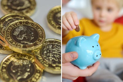 British pounds / Child putting money in piggy bank