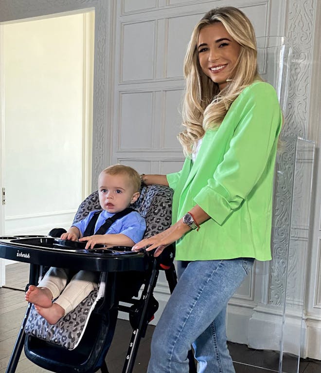 Dani Dyer with leopard print high chair