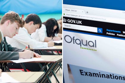 row of teenagers taking A level exams and screenshot of Ofqual