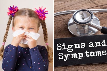Left: Girl holding tissue to noseRight: Sign saying Signs and symptoms