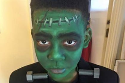 A boy dressed as Frankenstein