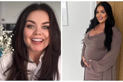 Left: Scarlett Moffatt poses with flowers. Right: Scarlett Moffatt with her hands on her baby bump