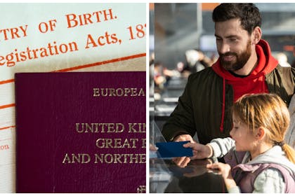 Left: A UK birth certificate and old-style passport Right: A family checking in at an airport 
