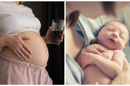 Left: pregnant woman holds a glass of colaright: woman cradles newborn
