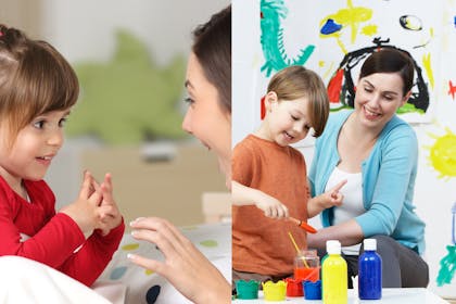 Mum and toddler and child painting at nursery