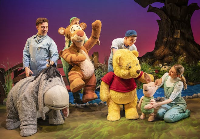 Alex Cardall as Eeyore, Robbie Noonan as Tigger, Jake Bazel as Pooh and Lottie Grogan as Piglet in Winnie the Pooh, credit Pamela Raith