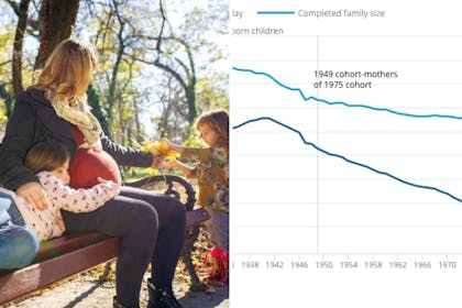 Left: pregnant woman with two kidsRight: chart