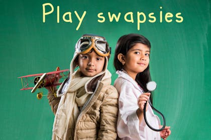 Children dressed up with text: Play swapsies