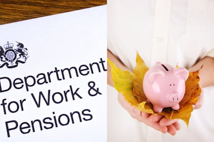 Department for Work & Pensions paperwork and piggy bank on autumn leaves