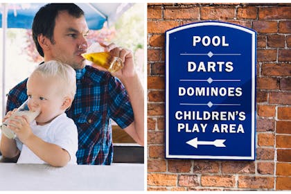 Left: a man and little boy in a beer gardenRight: a pub sign 