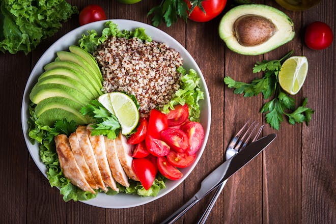 Chicken, quinoa and avocado salad bowl