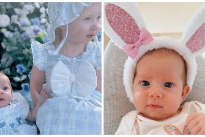 Left: Baby Belle and Rose in Easter dresses Right: Belle in bunny ears 