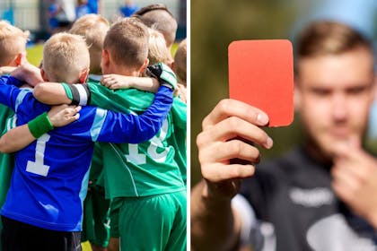 children at football match and referee holding up red card
