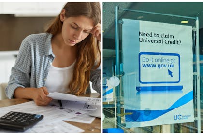 Left: a worried woman looks at a billRight: a sign for Universal Credit in a job centre window