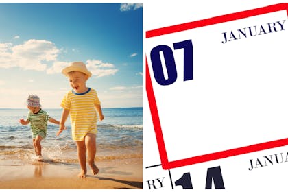 children on beach and calendar