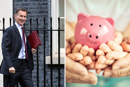 Jeremy Hunt outside Downing Street / Pink piggybank being held by large and small hands