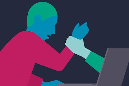 illustration of man grabbed by hand from computer