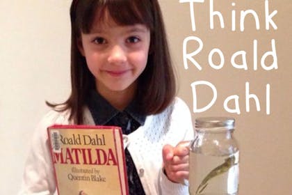 Girl dressed as Matilda with text: Think Roald Dahl