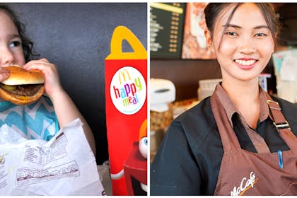 Young girl eating burger | Young woman wearing apron behind counter at McDonalds