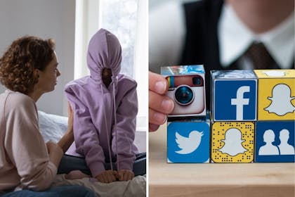Left: woman and girl in hoodRight: Social media blocks