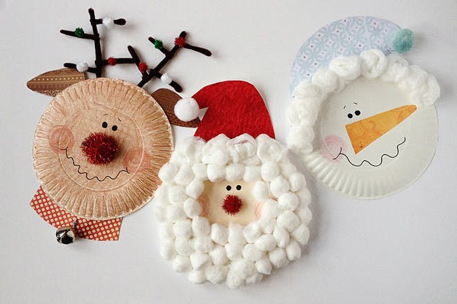 paper plate reindeer, santa and snowman