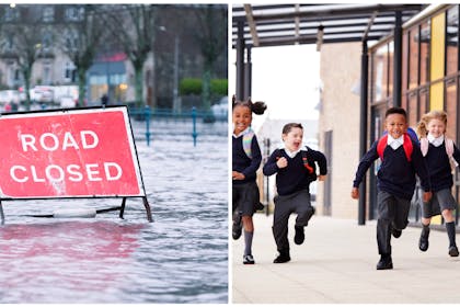 A flooded street and school children running 