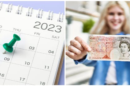 Calendar with drawing pins in a day | Woman holding £50 note