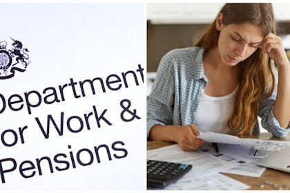 Left: DWP letterhead Right: worried woman with bills, loose change, laptop and calculator 