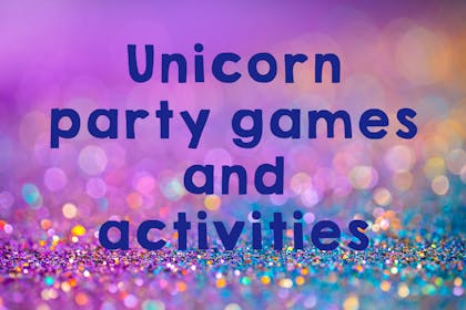 Glittery sign saying 'unicorn party games and activities'