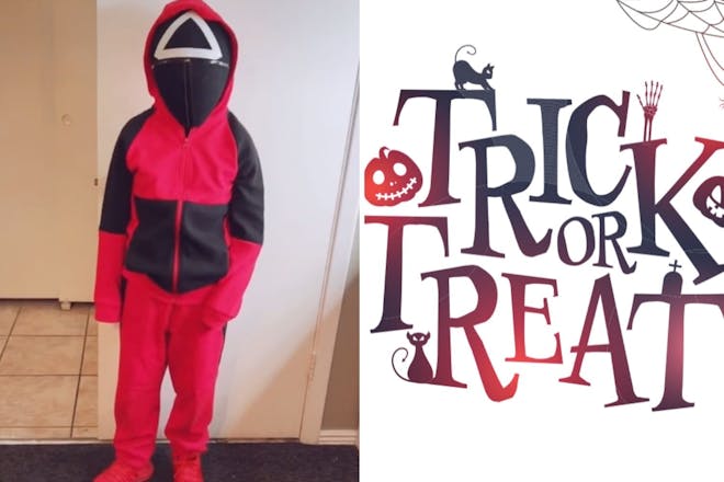 Left: Person dressed in red and black costumeRight: Trick or Treat graphic