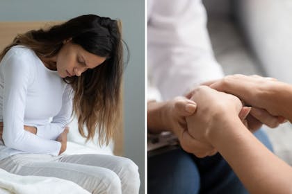 Left:  Woman clutching stomach Right: hands holding