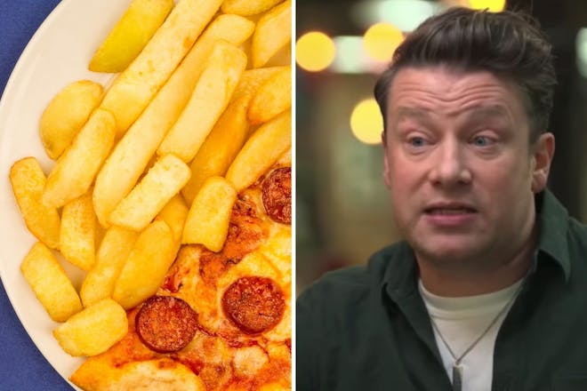 Left: Pizza and chipsRight: man