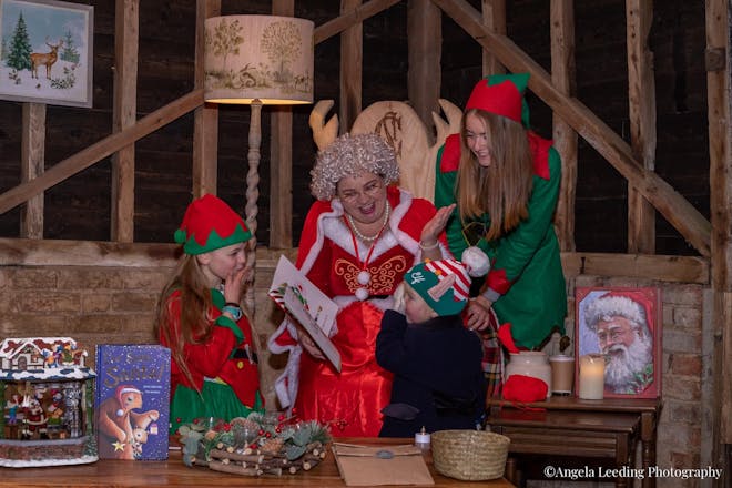 Mother Christmas and an Elf entertain two children in festive fancy dress at Lillingstone Pick Your Own Farm