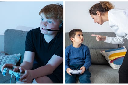 Left: a young teen plays on console looking angryRight: a mum tells off a child who is holding a gaming device 