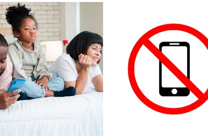 parents on phone ignoring child and no phone sign