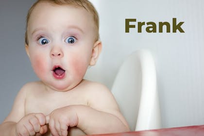 Surprised looking baby next to name Frank in text