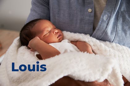 Sleeping baby being cradled. Name Louis written in text