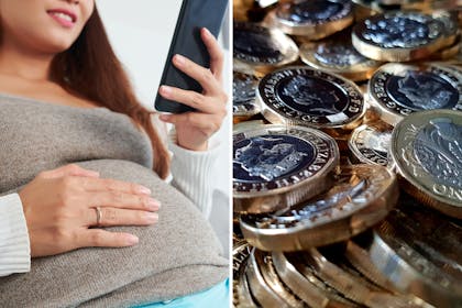 Pregnant woman checking phone / UK money