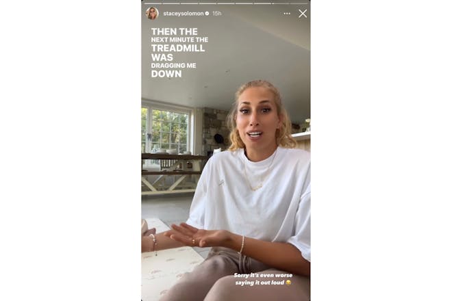 Stacey Solomon's Instagram story that reads 'then the next minute the treadmill was dragging me down'