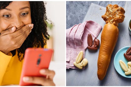 Woman looking at phone and laughing | a chocolate carrot