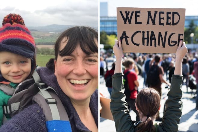 Left: Woman and babyRight: Woman holding sign saying 'we need change'