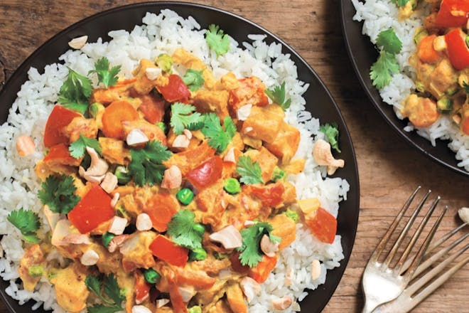 Creamy veg curry with cashew nuts on rice