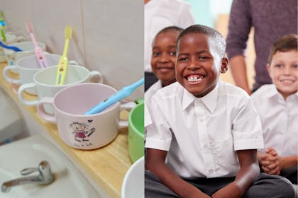 Toothbrushes in a school, smiling kids at primary school