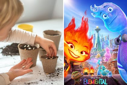 child planting an Elemental garden and promo for the Disney Pixar film Elemental