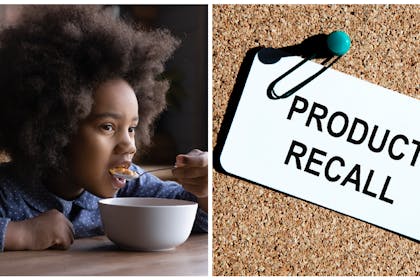 Girl eating cereal / Product recall sign 